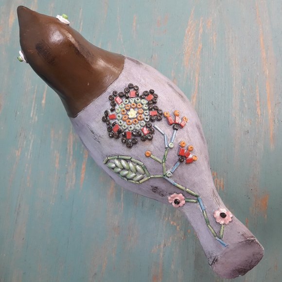 Carved Wood Bird Boho Hippie Decor Wooden Bird Figurine Embellished Beaded Art - Picture 12 of 16